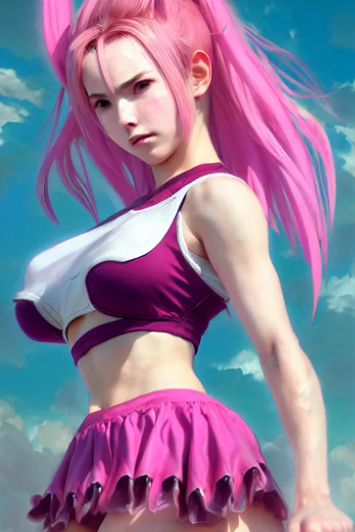 Image similar to Tekken 4 fighter anime Stunning Portrait Belle Delphine with Crop top and pink skirt, Pink Shades, in a fighting stance, digital painting, artstation, concept art, soft light, hdri, smooth, sharp focus, illustration, art by tian zi, craig mullins, Mark Arian, WLOP, alphonse mucha