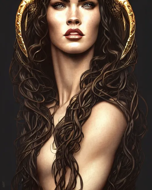 Image similar to portrait of megan fox as medusa gorgo, many snake hair, serpent hair, greek mythology, intricate, headshot, highly detailed, digital painting, artstation, concept art, sharp focus, cinematic lighting, illustration, art by artgerm and greg rutkowski, alphonse mucha, cgsociety