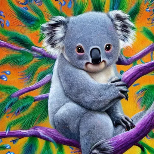 Prompt: cute baby koala with long fuzzy fur and long tail made of peacock feathers detailed painting in the style of josephine wall 4 k