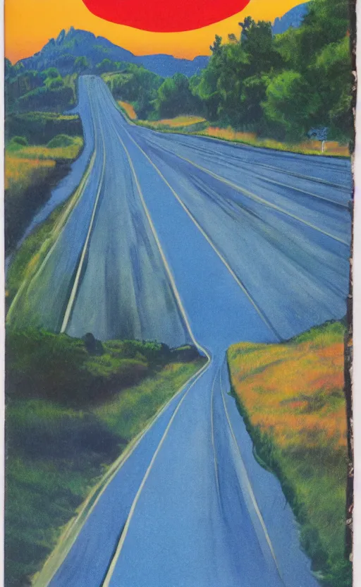 Image similar to paperback book cover. 1 9 7 0 s. pure colors, melting clouds, accurately drawn details, a sunburst above a receding road with the light reflected in furrows and ruts, after rain. and no girls.