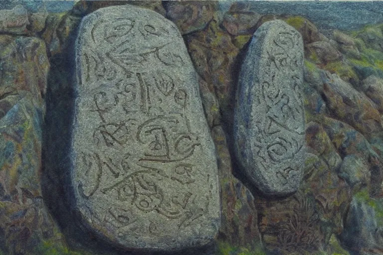 Prompt: runestone, nature, focused, centered, very detailed, norse, oil painting