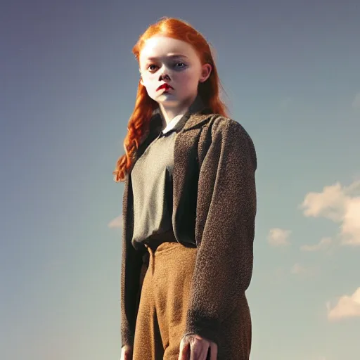 Image similar to sadie sink realistic expired kodak film full body portrait of an angel performer,, hyperrealism, hypermaxiymalism, photorealistic, detailed, atmospheric, 8 k, award winning photography, cinematic