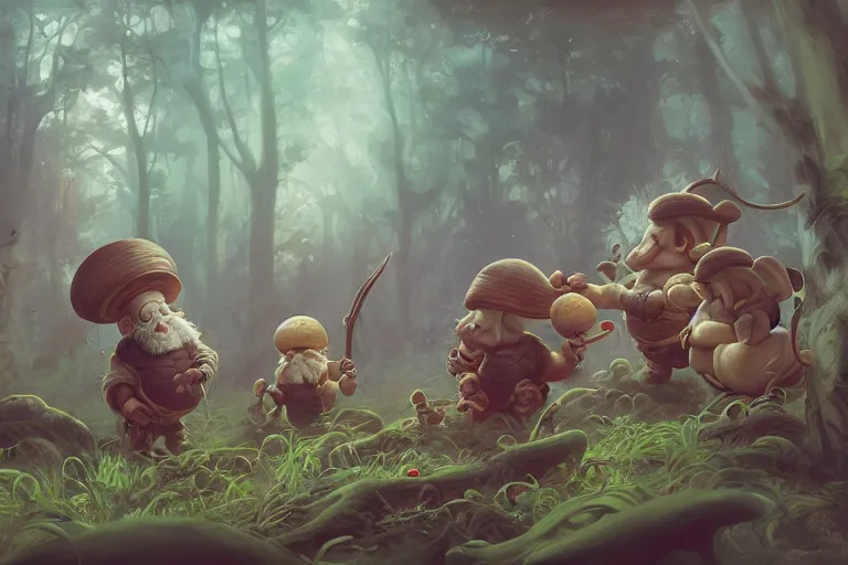 Prompt: detailed painting of dwarfs in the moosy forest clearing drinking mushroom nectar, in the style of peter mohrbacher, james jean, artgerm, dramatic lighting and composition, surreal background, octane render, pixar, trending on artstation, concept art, comic book, 8 k