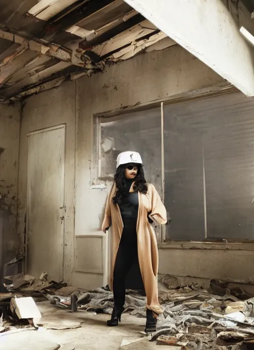 Image similar to film still of kim kardashian dressed as eazy e, derelict house, cinematic lighting, cinematic, rear pov,