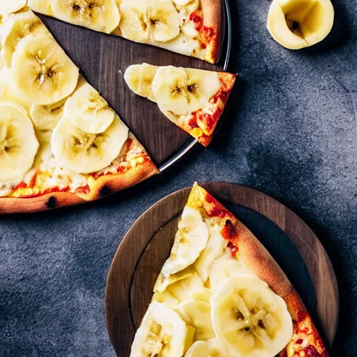 Prompt: a photo a whole unpeeled banana on top of a pizza, food photo, professional food photo, iphone, whole banana 4 k