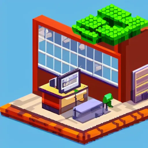 Image similar to a isometric office cute pixel art with computers 4 k detailed unity