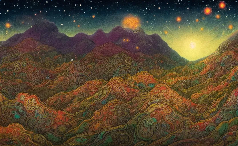 Prompt: mountains, stars and paisley filled sky, artstation, intricate, highly detailed, digital painting, concept art, sharp focus, illustration by Benjamin Lacombe and Ivan Bilibin