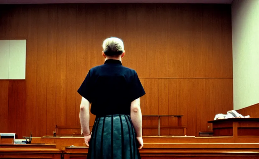 Prompt: a man in a skirt in a courtroom, no blur, 4 k resolution, ultra detailed by william eggleston