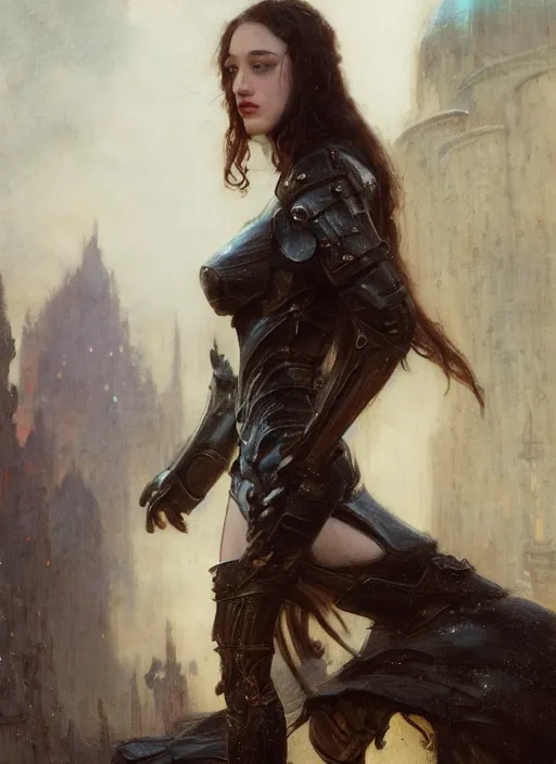 Prompt: short muscular young kat dennings wearing black medieval armour, bare legs, detailed, by gaston bussiere, bayard wu, greg rutkowski, giger, maxim verehin, greg rutkowski, masterpiece, sharp focus, cinematic lightning