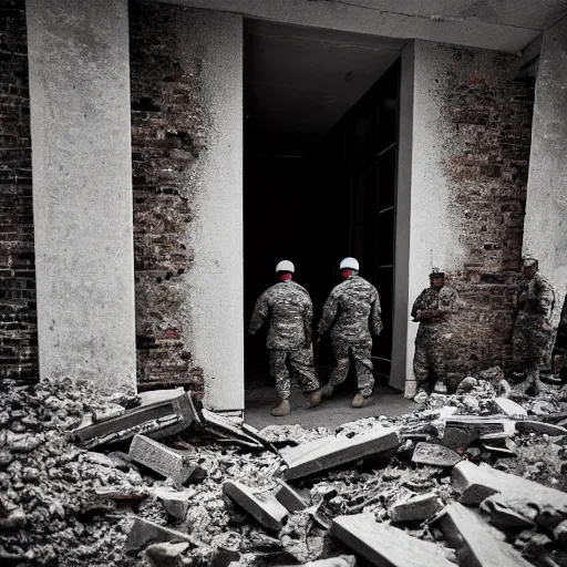 Prompt: American soldiers entering the ruins of an apartment, cinematic, professional photography, low-angle, behance