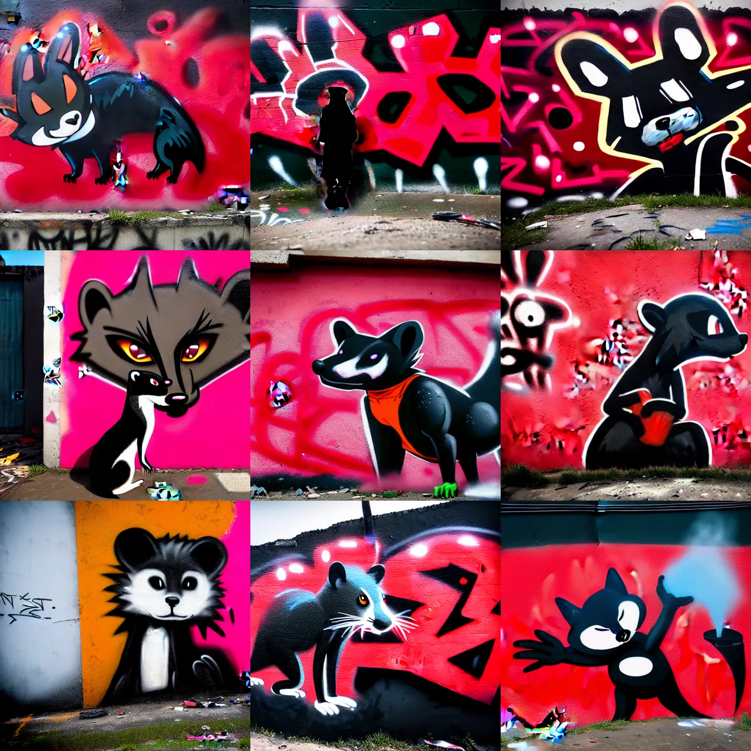 Prompt: photo ( far _ shot ), subject [ furry _ fandom _ fursona _ original _ character ( red - black, anthropomorphic _ humanoid _ furry, weasel - ferret - stoat ) ], background ( dark _ smokiness ), medium [ graffiti ( spray _ paint, concrete _ wall ) ], location ( favela )