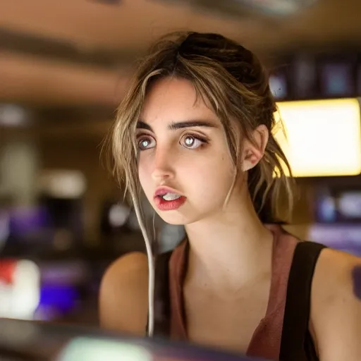 Image similar to ana de armas portrait working in a fast food restaurant, in a cinematic cyberpunk style, 3 5 mm