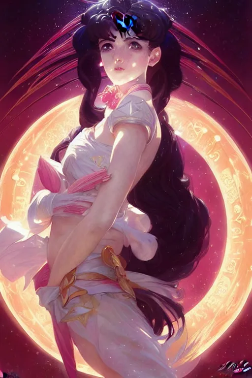 Image similar to Sailor Moon, fantasy, intricate, elegant, highly detailed, digital painting, artstation, concept art, matte, sharp focus, illustration, art by Artgerm and Greg Rutkowski and Alphonse Mucha