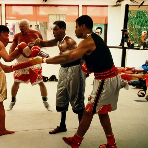 Image similar to a beautiful medium - shot of mike tyson punching to blood fat donald trump, beautiful soft light, sport photography, fast shutter speed, by annie leibovitz