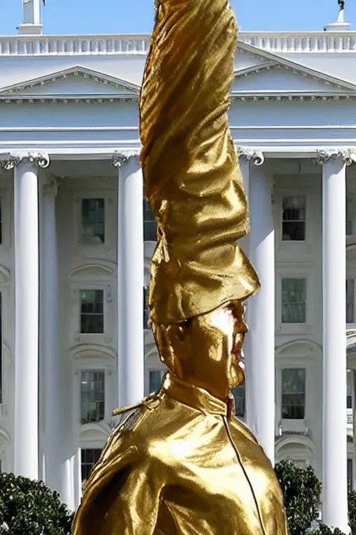 Image similar to A beautiful polished gold statue of Nicholas Cage in front of the White House, photo by Mann