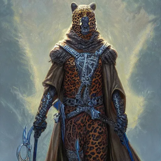 Image similar to Leopard headed hooded knight as a fantasy D&D character, portrait art by Donato Giancola and James Gurney, digital art, trending on artstation