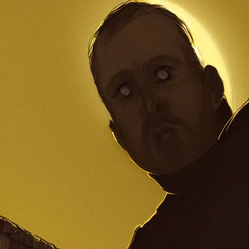 Prompt: Close-up of a terrified catholic priest in his thirties on the roof of a medieval tower watching in fear as an ominous yellow shadow descends upon him from the night sky. He is fervently praying but his eyes are wide open with fear. Low angle angle, dramatic lighting. Award-winning digital art, trending on ArtStation