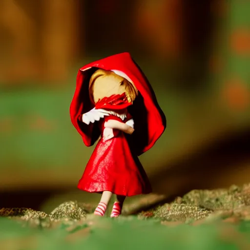 Image similar to a cinematic film still of a claymation stop motion film starring emma stone as little red riding hood, and realistic wolf, shallow depth of field, 8 0 mm, f 1. 8