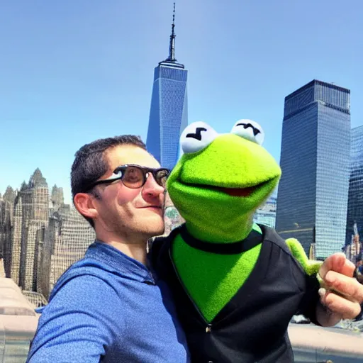 Image similar to kermit the frog selfie in front of world trade center twin towers, phone camera, selfie, green muppet, new york city, downtown, posing