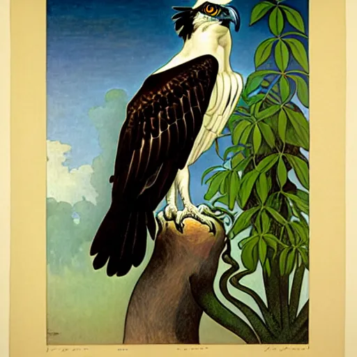 Image similar to An osprey by Henri Rousseau and Alphonse Mucha.