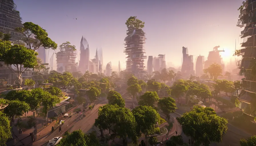 Prompt: Sunrise over solarpunk city, many trees and plants, archdaily, photorealistic, many flying cars, busy streets filled with pedestrians, sun rays, vines, vertical gardens, utopia, unreal engine 5, beautiful glass and steel architecture, extreme detail, futuristic