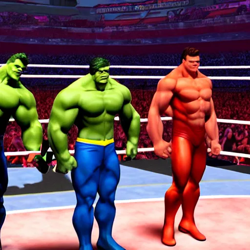 Image similar to supermen and hulk at WWE smacking down Vince McMahon