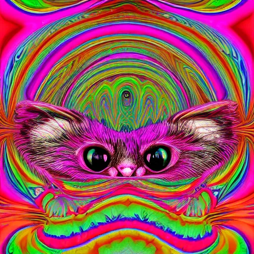 Image similar to existential kitten opart portrait with surreal trippy fractal background by victor moscoso and miyazaki and pascal blanche and amanda sage and harry clarke, highly saturated pink orange green and yellow, ultra wide angle lens distortion extreme perspective, 8 k, artstation