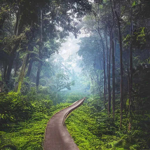 Image similar to an expansive view of a path leading to a futuristic containment building in a forested valley and lush mountains in the distance, tropical, national geographic, hyper realistic, 4 k, hazy light