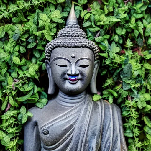 Image similar to tibetan statue of buddha, buddhist statue with glowing green eyes, vines and beautiful flowers cover the sculpture, award-winning, beautiful revealing godrays, HD