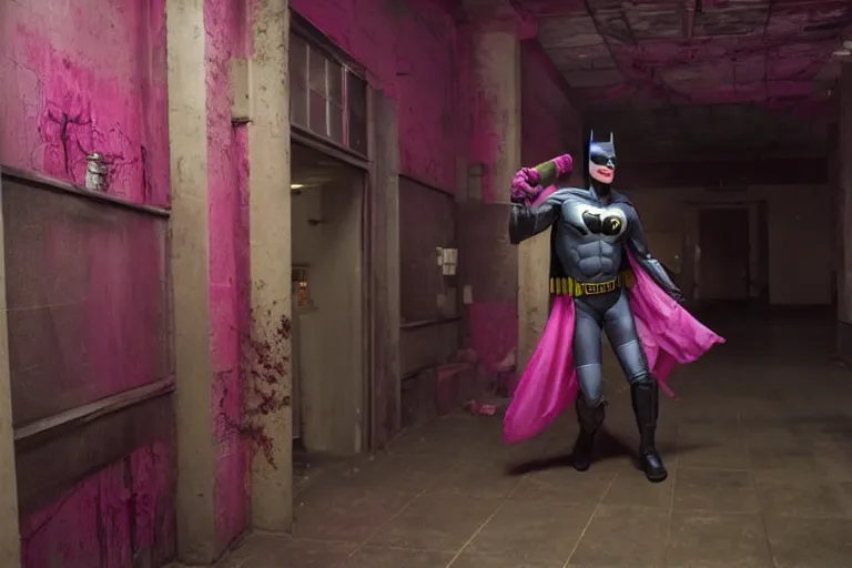 Image similar to michael keaton batman covered in beer wearing pink apron wielding an axe, chasing through old brown decrepit hallway, creepy smile, atmospheric eerie lighting, photorealistic face, dim lighting, bodycam footage, motion blur, photography