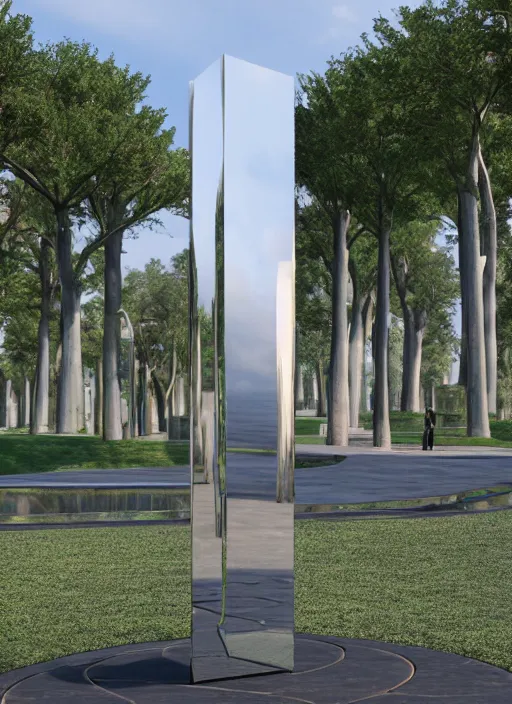 Prompt: highly detailed realistic architecture 3 d render of a futuristic mirror stele monument in frank lloyd wright style standing in city park, archdaily, made in unreal engine 4 octane render