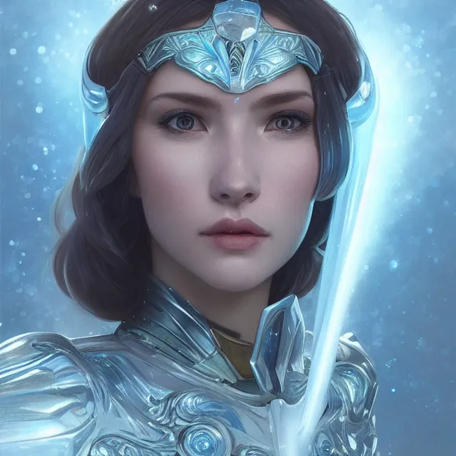 Prompt: close up portrait of a beautiful fantasy female ice warrior wearing shiny crystal armor, subsurface scattering, ethereal, artistic, ice palace background with light rays, fantasy atmosphere. art by artgerm, greg rutkowski and alphonse mucha, 3 d artstation octane render,