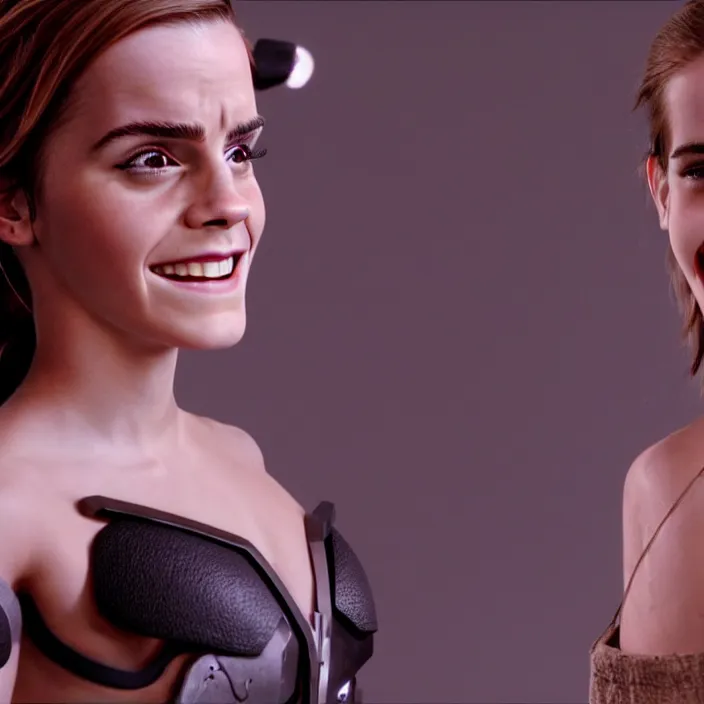 Prompt: Joyful! smiling Emma Watson wearing cyborg prosthetic, from The emperor's new groove (2000). Clear body. Light Clothes. Cinematic. Professional Photo. Low angle. 8k. Clear Face.