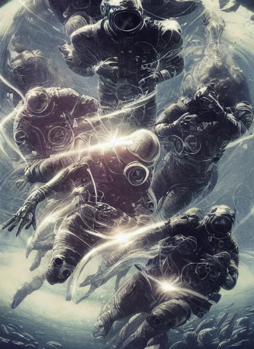 Image similar to astronauts in dark void underwater - complex and hyperdetailed technical suit. reflection and dispersion materials. rays and dispersion of light. volumetric light. f / 3 2. noise film photo. flash photography. ultra realistic, wide angle. poster by wayne barlowe, hajime sorayama aaron horkey, craig mullins