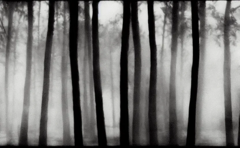 Prompt: hide and seek behind the trees, pinhole camera effect, lomography effect, analogue photo quality, monochrome, blur, unfocus, oil on linen, Chiaroscuro, painted by Giovanni Baglione, photos 90s colors
