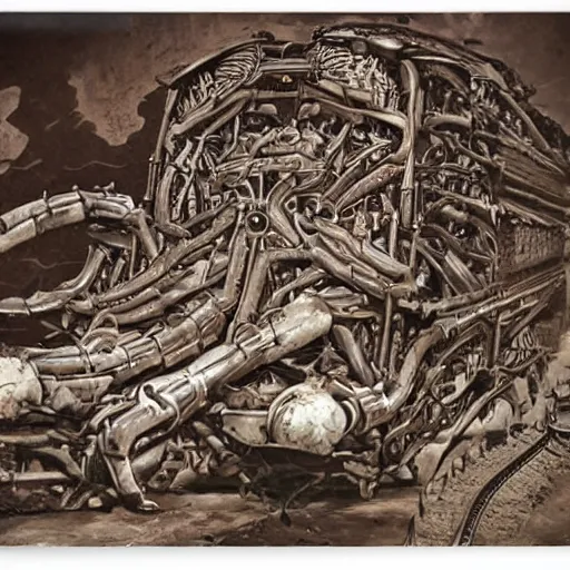 Prompt: boxcar made of human meat and bone, biomechanical railroad, highly detailed, War Photography, by H.R. Giger