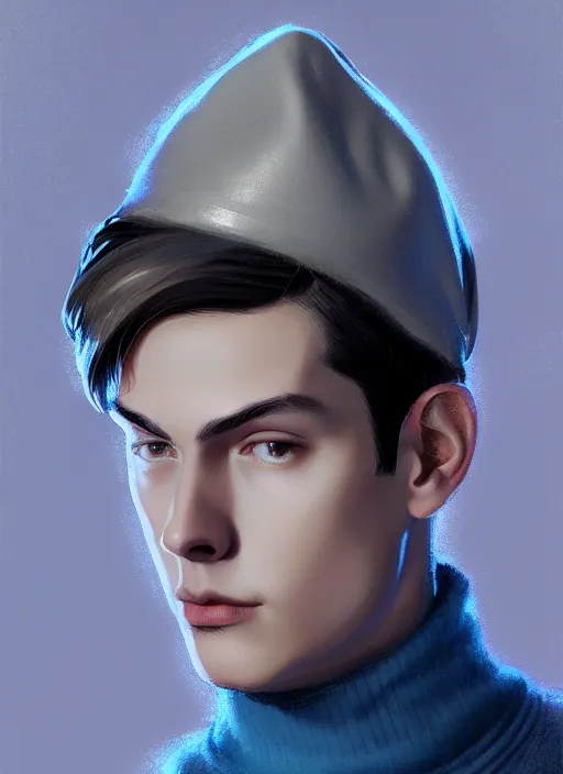 Prompt: portrait of teenage jughead jones, wearing a light grey crown, light grey crown, blue turtleneck, 1 9 5 0 s, intricate, elegant, glowing lights, highly detailed, digital painting, artstation, concept art, smooth, sharp focus, illustration, art by wlop, mars ravelo and greg rutkowski