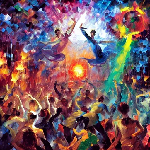 Image similar to rave dance party by paul lehr, arthur adams, charlie bowater, leonid afremov, chiho ashima, karol bak, david bates, tom chambers