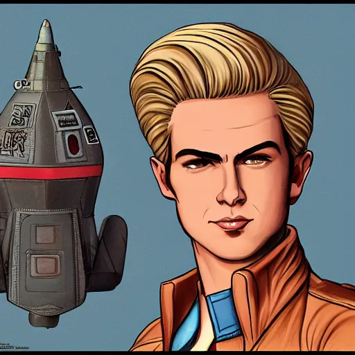 Image similar to character concept art of heroic square - jawed emotionless serious blonde handsome butch princely woman aviator, with very short butch slicked - back hair, wearing brown leather jacket, standing in front of small spacecraft, illustration, science fiction, retrofuture, highly detailed, ron cobb, mike mignogna