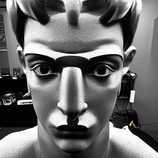 Image similar to “a realistic detailed photo of a guy who is an attractive humanoid who is half robot and half humanoid, who is a male android, twitch streamer Ninja Tyler Blevins, shiny skin, posing like a statue, blank stare, gaming room, close up”