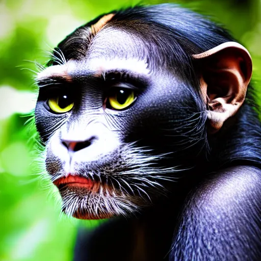 Image similar to a feline cat - chimpanzee - hybrid, animal photography