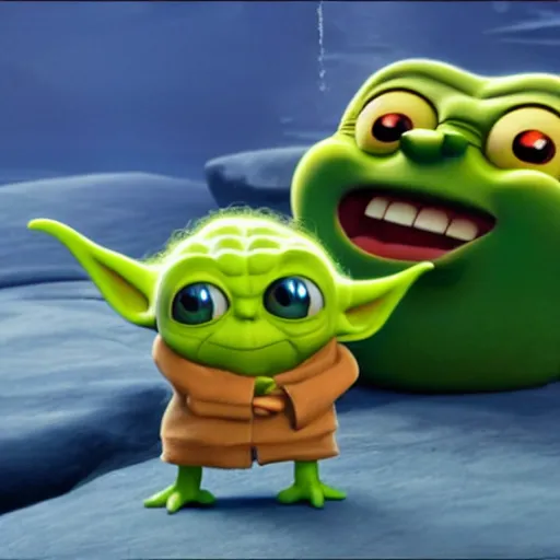 Image similar to yoda and spongebob squarepants spending time together as friends ultra realistic, high efinition, 8k