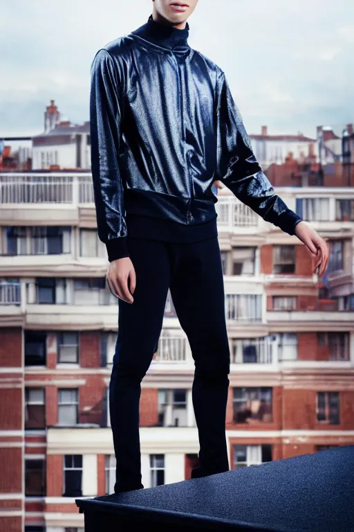 Image similar to un ultra high definition studio quality photographic art portrait of a young man standing on the rooftop of a british apartment building wearing soft padded silver pearlescent clothing. three point light. extremely detailed. golden ratio, ray tracing, volumetric light, shallow depth of field. set dressed.