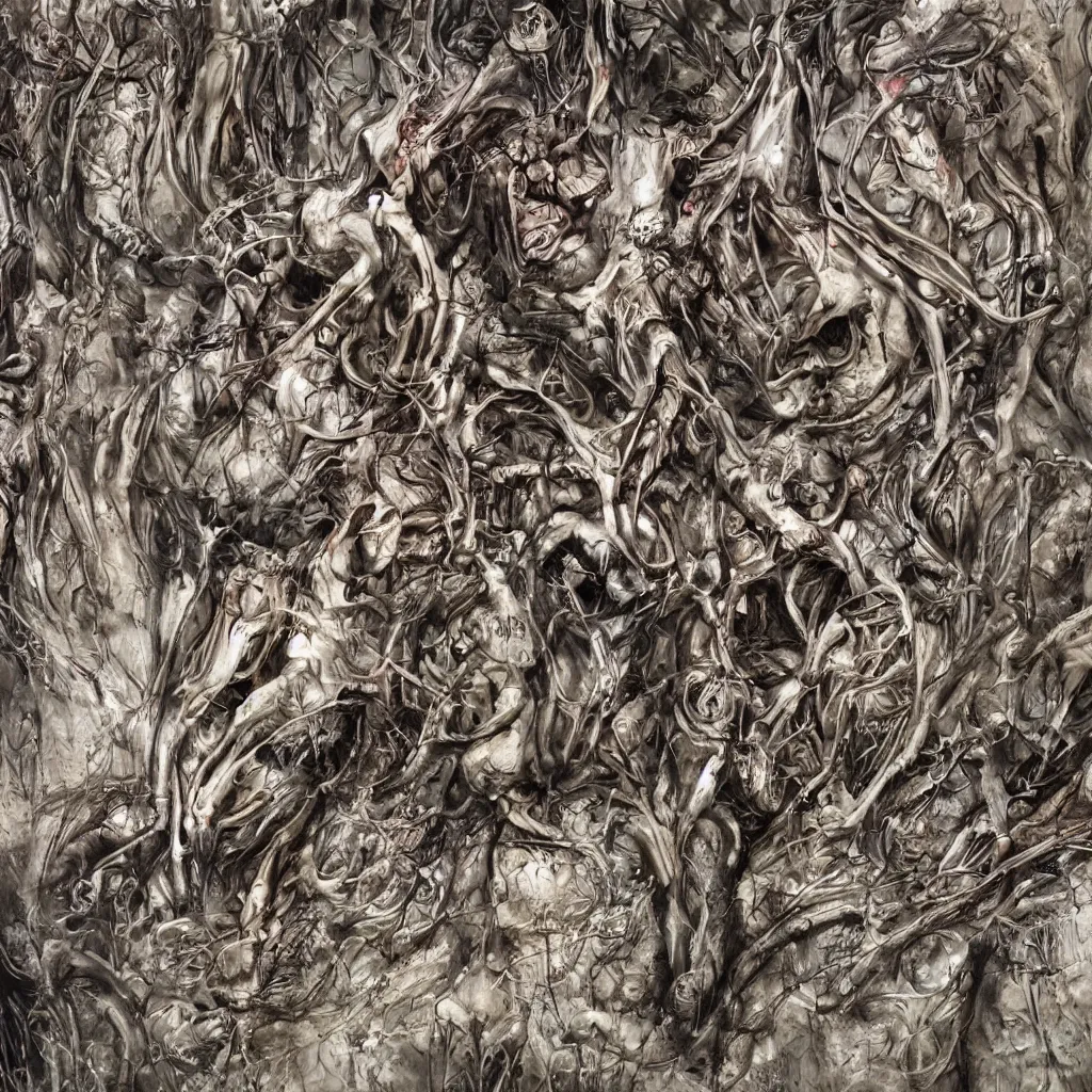 Image similar to realistic shot bloody bones, organs and flesh, biomechanical technology, natural light, by h r giger