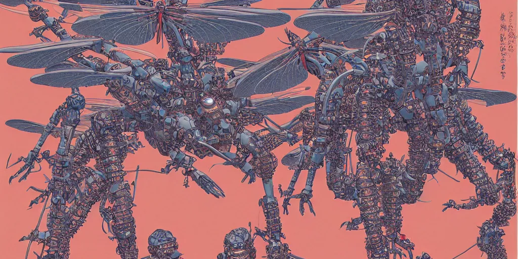 Image similar to gigantic dragonflies with human faces catch tiny robots, a lot of exotic mechas robots around, human heads everywhere, risograph by kawase hasui, satoshi kon and moebius, 2 d gouache illustration, omnious, intricate, a lot of tiny details, fullshot