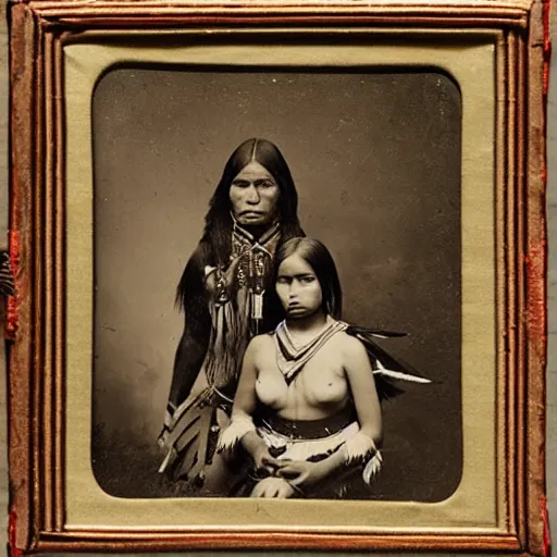 Image similar to victorian photo portrait of Predator and a native american warrior girl, 1825