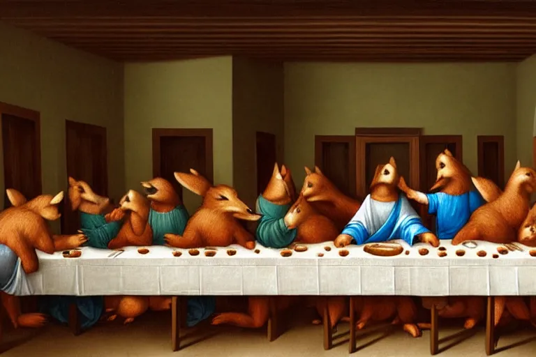 Image similar to The Last Supper with anthropomorphic foxes by Da Vinci, furry art, furaffinity, foxes