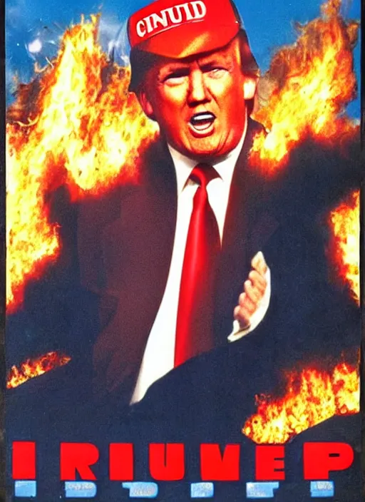 Prompt: an 8 0's john alvin action movie poster of donald trump starring in dumpster fire. explosions.