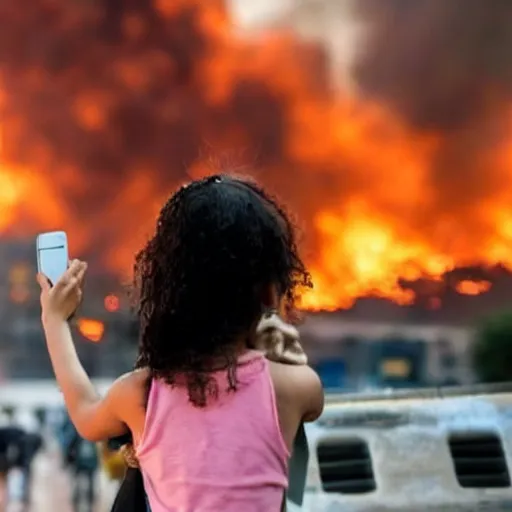 Image similar to girl taking selfie while city burns in background