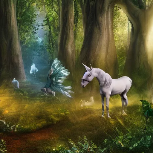 Image similar to photo of fairies and unicorns in a a heavenly forest